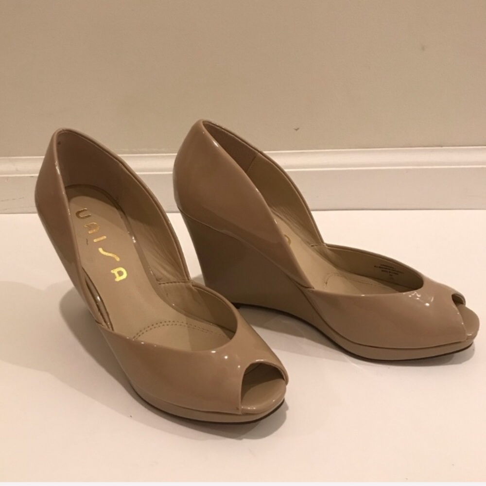Unisa Faux Leather Peep Toe Wedges Tan Beige